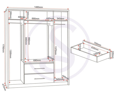 ZNTS Seville 4 Door 2 Drawer Wardrobe 100-101-114