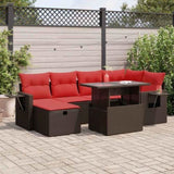 7 Piece Garden Sofa Set with Cushions Brown Poly Rattan Acacia 3327864
