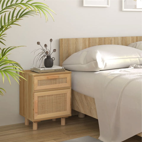 ZNTS Bedside Cabinet Brown Solid Wood Pine and Natural Rattan 345610