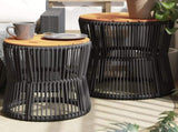 Garden Side Tables 2 pcs with Wooden Top Black Poly Rattan 366291
