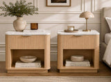 Set of 2 Modern Fluted Bedside Tables, Oak Effect Nightstands with Marble-Effect Top, Spacious N606P518989E