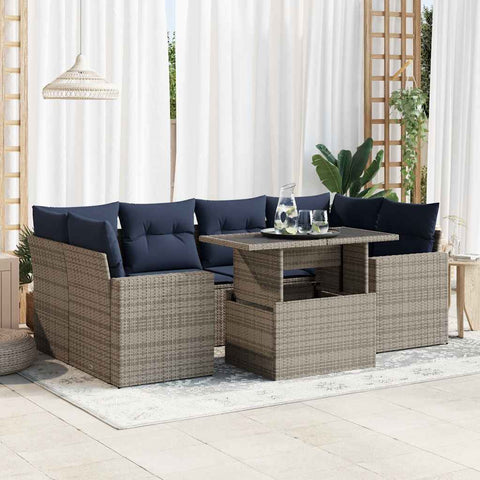 7 Piece Garden Sofa Set with Cushions Grey Poly Rattan Acacia 3326272