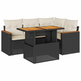 5 Piece Garden Sofa Set with Cushions Black Poly Rattan Acacia 3327479