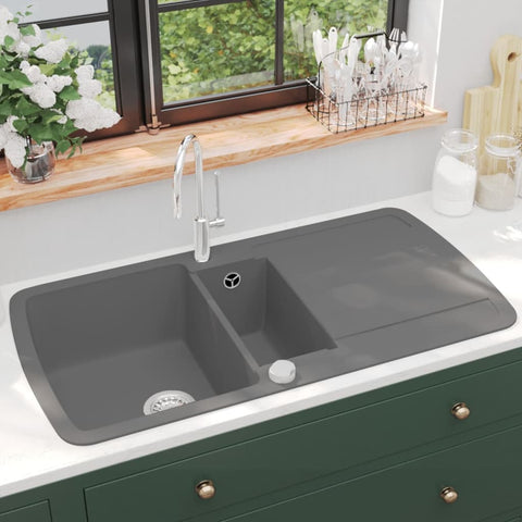 ZNTS Granite Kitchen Sink Double Basin Grey 142947