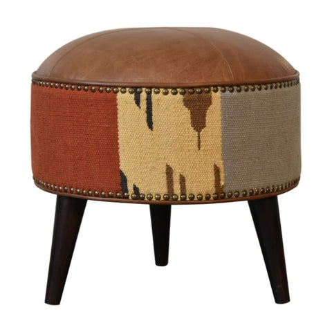 Durrie & Leather Mixed Footstool IN1850