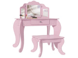 Kids Vanity Table and Chair Set with Tri-Folding Mirror and Stool, Makeup Dressing Table with T3398P421965