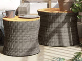 Garden Side Tables 2 pcs with Wooden Top Grey Poly Rattan 366289