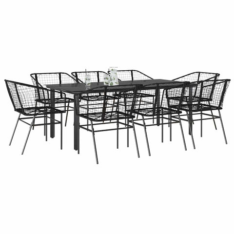 9 Piece Garden Dining Set Black Poly Rattan Glass 3334589