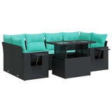7 Piece Garden Sofa Set with Cushions Black Poly Rattan Acacia 3326428