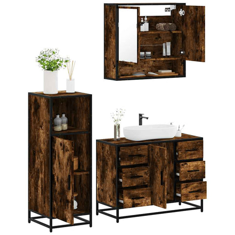 ZNTS 3 Piece Bathroom Furniture Set Smoked Oak Engineered Wood 3300992