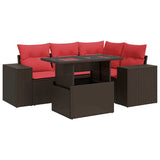 5 Piece Garden Sofa Set with Cushions Brown Poly Rattan Acacia 3326795