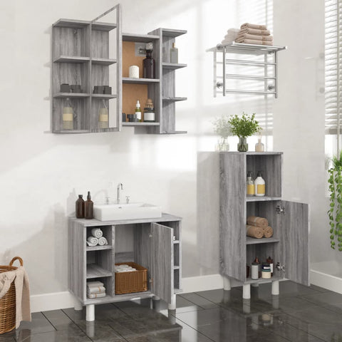 ZNTS 3 Piece Bathroom Cabinet Set Grey Sonoma Engineered Wood 3187610