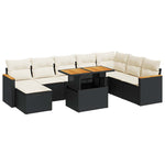 ZNTS 9 Piece Garden Sofa Set with Cushions Black Poly Rattan Acacia 3327521