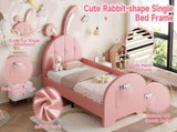 3ft Single Rabbit-Shaped Upholstered Bed Frame, Bunny Ear Headboard & Footboard Storage Pocket, Soft N652P412013P