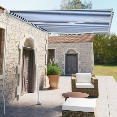 ZNTS Freestanding Manual Retractable Awning 350x250 cm Blue/White 3069516