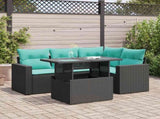 5 Piece Garden Sofa Set with Cushions Black Poly Rattan Acacia 3326308
