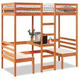 ZNTS Loft Bed Frame with Desk and Chairs Wax Brown 90x190cm Solid Wood Pine 3308561