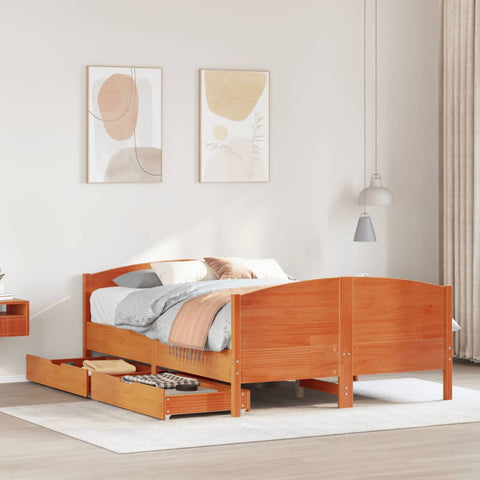 ZNTS Bed Frame without Mattress Wax Brown 135x190 cm Double Solid Wood Pine 3301799