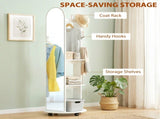 2-in-1 Full Length Mirror with Storage Shelves, Floor Mirror with 4 Wheels, Coat Rack, Hooks, White T3398P548078