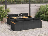 7 Piece Garden Sofa Set with Cushions Black Poly Rattan Acacia 3327443