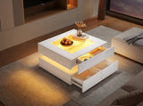 Highgloss Coffee Table with 3 drawers, LED lights, Square Centre Table with glass tabletop, Sofa N605P374075W