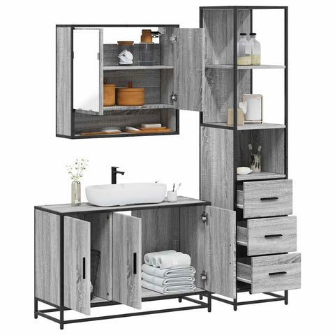 ZNTS 3 Piece Bathroom Furniture Set Grey Sonoma Engineered Wood 3301163