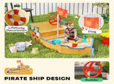 Kids Sand Pit, Children Pirate Ship Sandbox with Bench, Bottom Liner, Seat, Natural Wood Tone T3398P547939