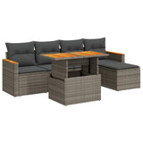 ZNTS 6 Piece Garden Sofa Set with Cushions Grey Poly Rattan Acacia 3327476