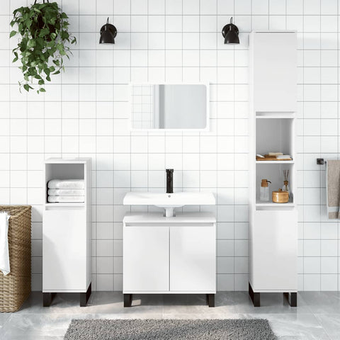 ZNTS 3 Piece Bathroom Cabinet Set High Gloss White Engineered Wood 3187799