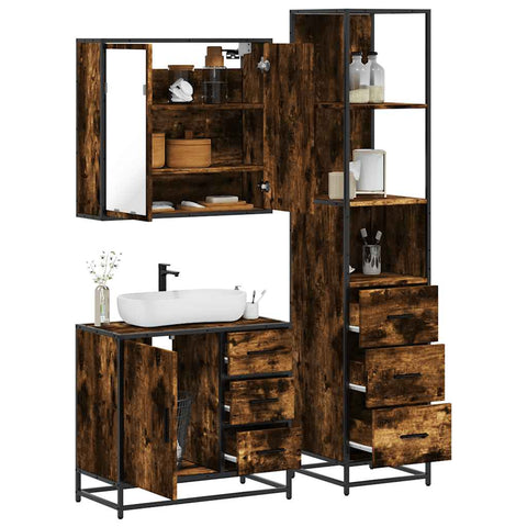ZNTS 3 Piece Bathroom Furniture Set Smoked Oak Engineered Wood 3301137