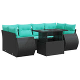 7 Piece Garden Sofa Set with Cushions Black Poly Rattan Acacia 3326588