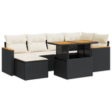 7 Piece Garden Sofa Set with Cushions Black Poly Rattan Acacia 3327507