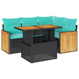 5 Piece Garden Sofa Set with Cushions Black Poly Rattan Acacia 3327704