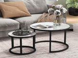 Glass Coffee Table Set of 2, Round Nest of Tables with Marble-Effect Tempered Glass Tabletop and T3398P344259