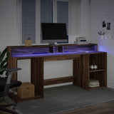 Desk with LED Lights Brown Oak 200x55x91 cm Engineered Wood 3309444