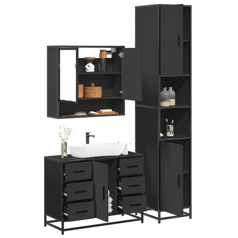 ZNTS 3 Piece Bathroom Furniture Set Black Engineered Wood 3301110