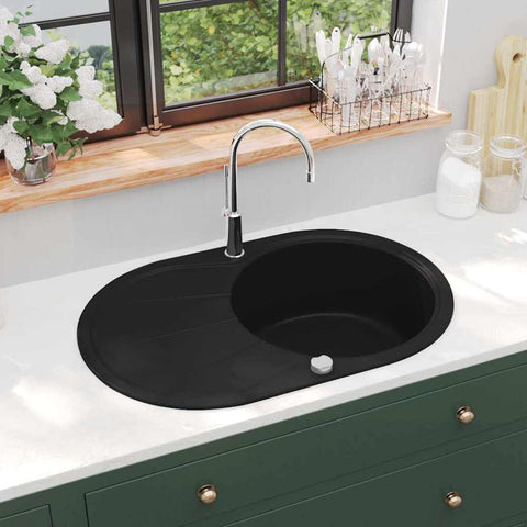 ZNTS Granite Kitchen Sink Single Basin Oval Black 142958
