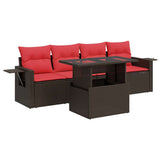5 Piece Garden Sofa Set with Cushions Brown Poly Rattan Acacia 3326405