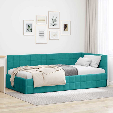 Corner Bed Frame with Headboard Turquoise 90 x 200 cm Velvet 42016396
