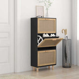 Shoe Cabinet Black 52x25x115 cm Engineered Wood&Natural Rattan 345649