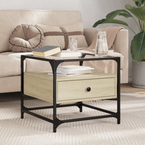 ZNTS Coffee Table with Glass Top Sonoma Oak 50x50x45 cm Steel 846050