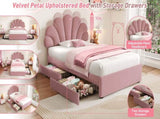 3ft Single Upholstered Bed with Adjustable Chic Petal Headboard, Soft Velvet Bed Frame with 2 N652P296621P