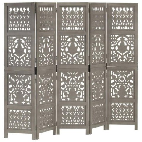 Hand Carved 5-Panel Room Divider Grey 200x165 cm Solid Mango Wood 285333