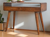 Solid Wood Curved Chestnut Console Table, 2 Drawers, 1 Open Slot, Dark Brown B2743P403023