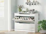 Shoe Storage Cabinet, Shoe Cupboard with Slide Out Drawer, 2 Flip Doors, Tempered Glass Top and T3398P343313