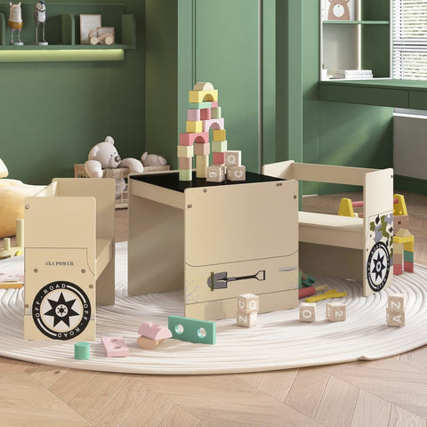 3 Piece Kids Table and Chair Set Off-road Car Design MDF 10406