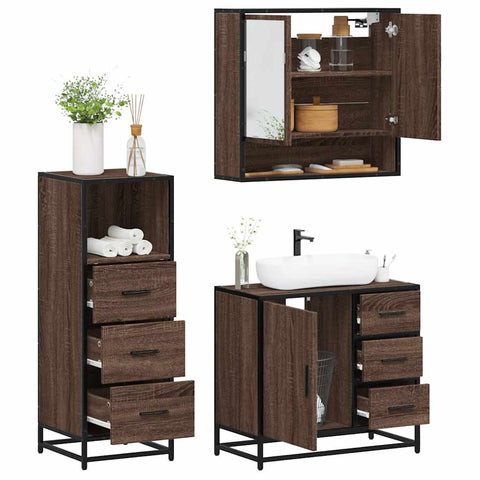 ZNTS 3 Piece Bathroom Furniture Set Brown Oak Engineered Wood 3301049