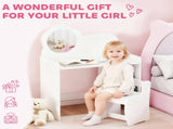 Kids Dressing Table with Mirror, Stool, Kids Vanity Table with Shelves, for Ages 3-8 Years, White T3398P422176