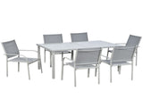 7 Piece Garden Dining Set, Outdoor Table and 6 Stackable Chairs, Steel Frame, Tempered Glass Top T3398P315966