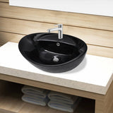Ceramic Bathroom Sink Basin Faucet/Overflow Hole Black Oval 141921